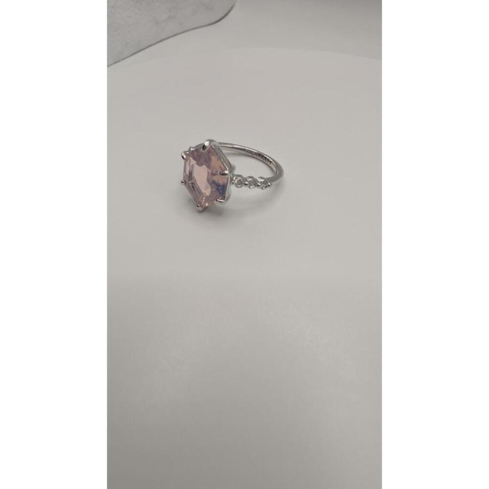 Silver Ring with Hexagonal Pink Gemstone and Decorative Side Stones Size 7